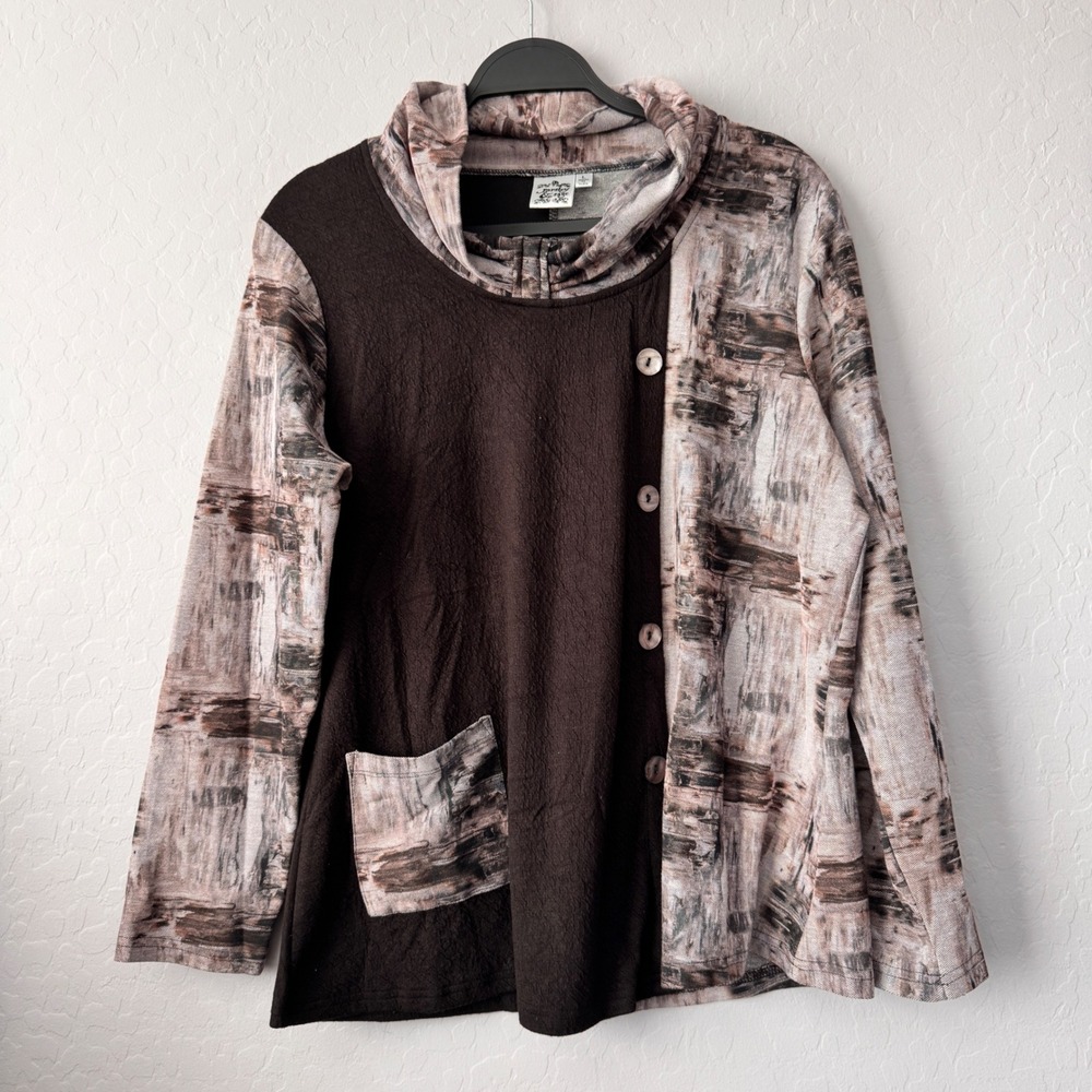 Parsley & Sage Large Top Brown Long Sleeve Cowl Neck Abstract Art to Wear Button